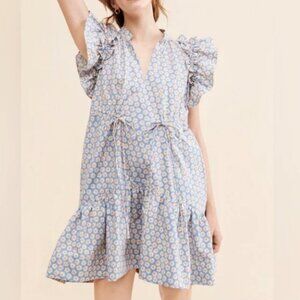 By Anthropologie Ruffle Sleeve Floral Mini Dress Blue XS